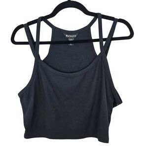 Athleta Signature Rib Wide Binding Tank Black Cropped Racerback Top Womens Large